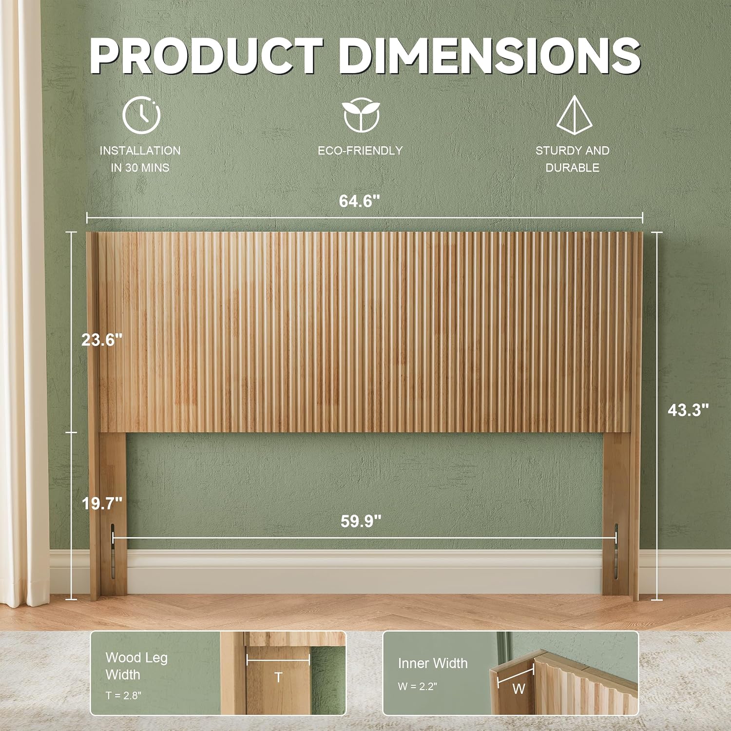 Huatean Home Wood Headboard Queen Size, 64.6' Wide Wooden Queen Headboard Only, Modern Farmhouse Headboards, Wall Mounted Fluted Panel, Wingback Boho Headboards, Natural
