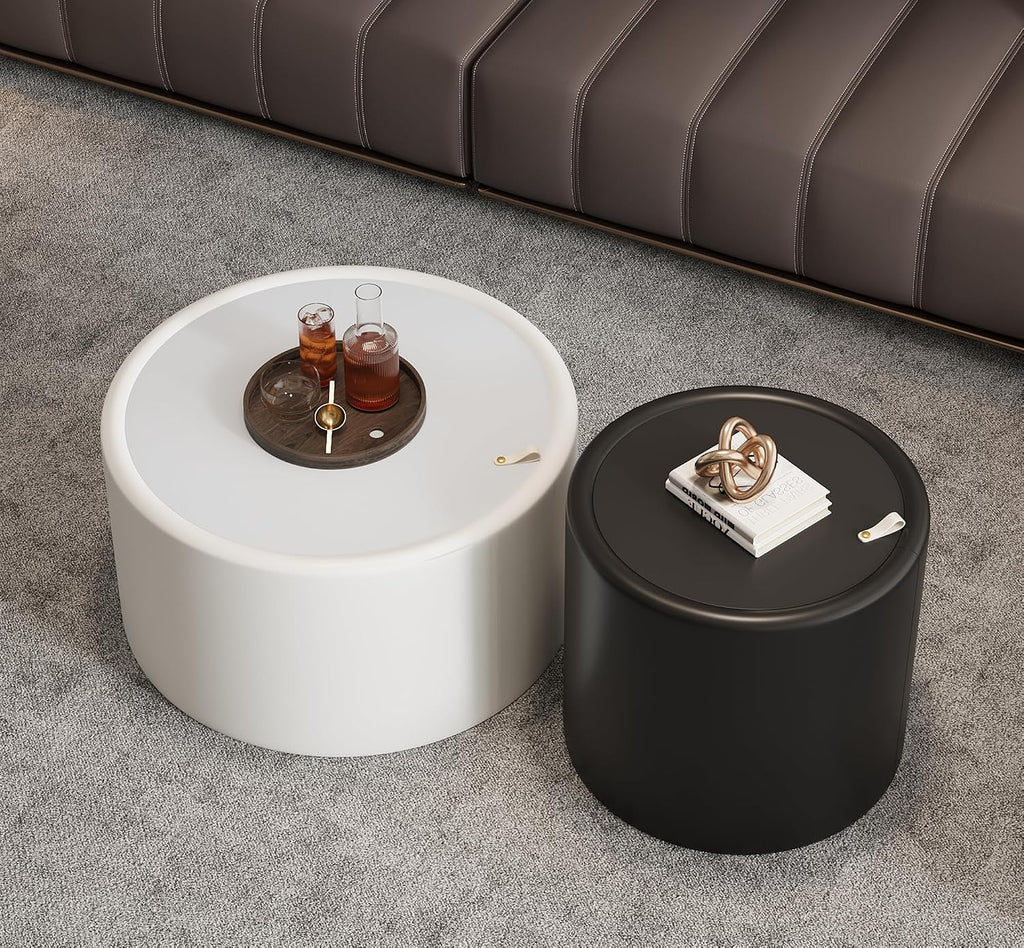 27.56' White Round Coffee Table with Hidden Storage, Drum Coffee Table with Tempered Glass Top and PU Leather Body, Circle Cocktail Tea Table for Living Room, No Assemble