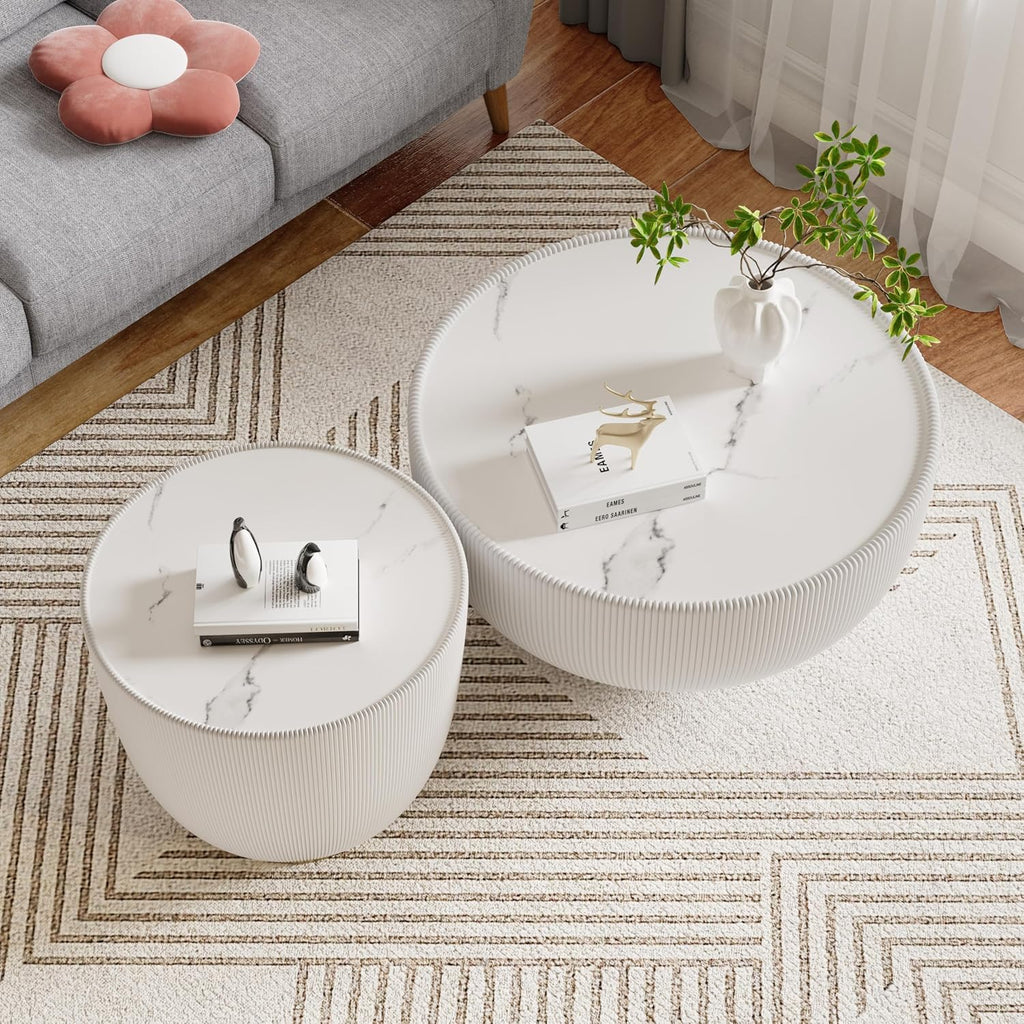 Round Living Room Table Set, 27.56' White Drum Center Table and 19.69' White Center Table Set, 2 Pieces Coffee Table Set with Sintered Stone Tabletop, Fluted PU Leather Covered and Metal Base