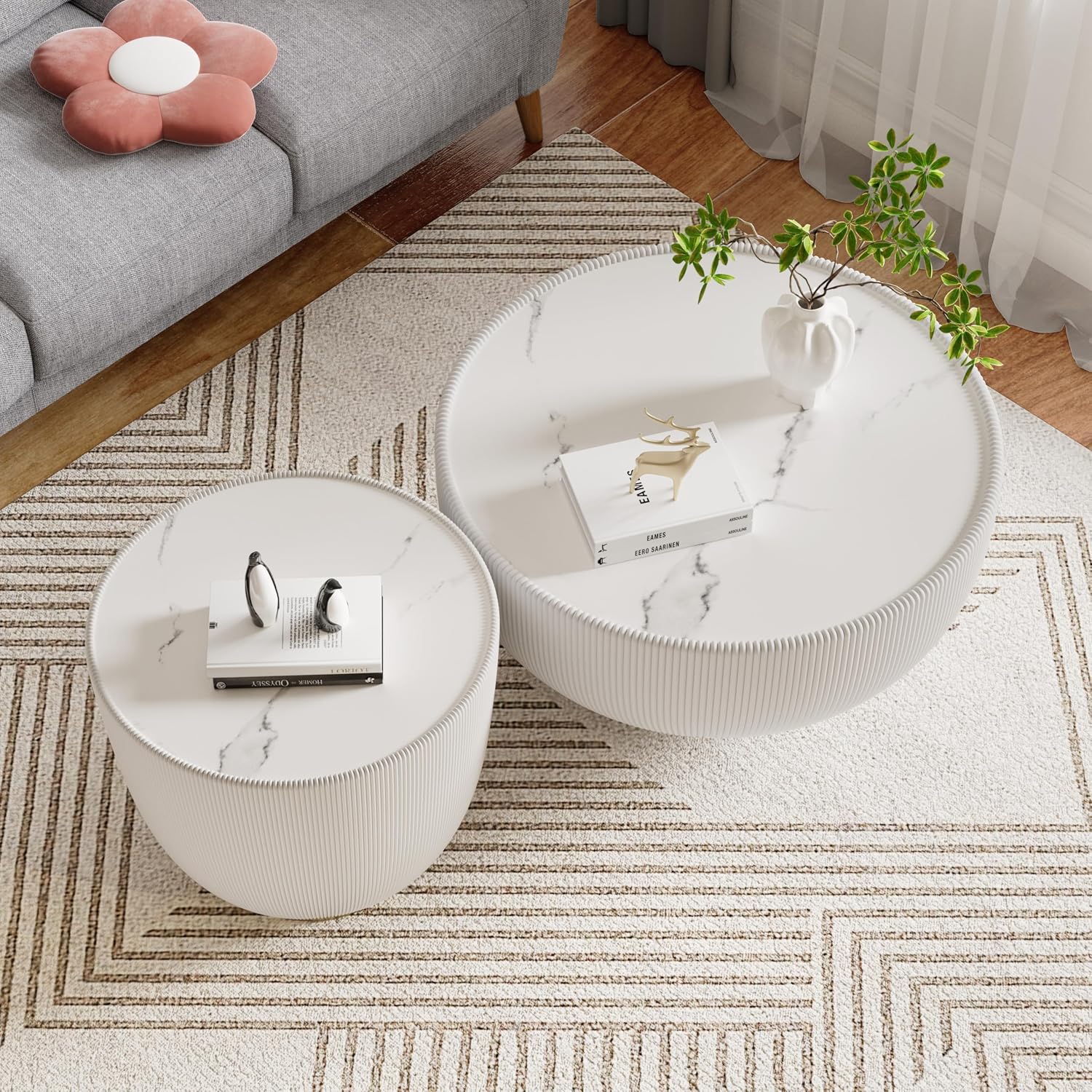 Round Living Room Table Set, 27.56' White Drum Center Table and 19.69' White Center Table Set, 2 Pieces Coffee Table Set with Sintered Stone Tabletop, Fluted PU Leather Covered and Metal Base