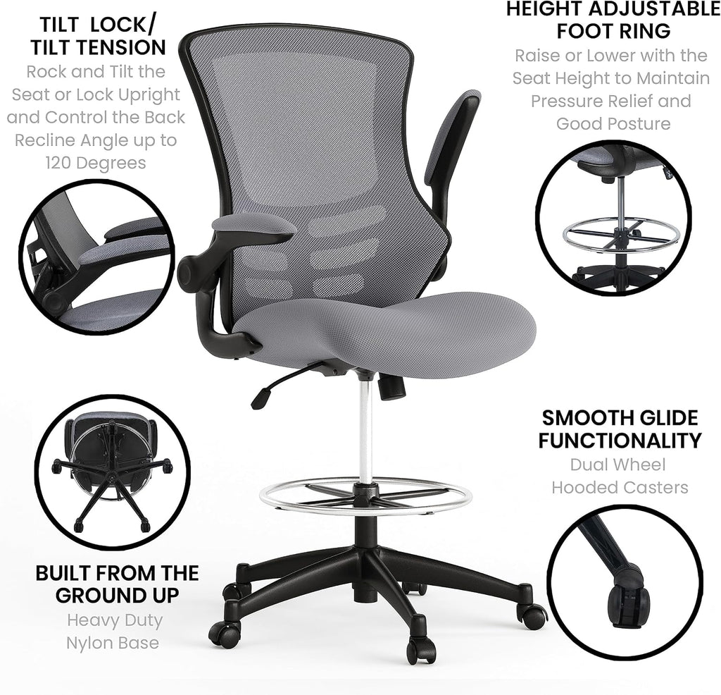 Flash Furniture Kelista Mid-Back Swivel Office Chair with Adjustable Seat Height, Ergonomic Mesh Desk Chair with Flip-Up Armrests, Dark Gray