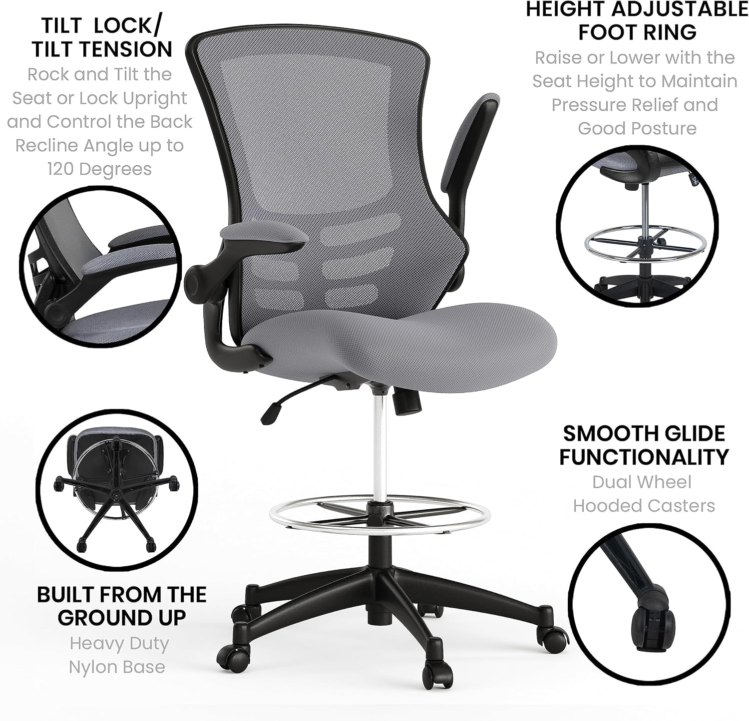 Flash Furniture Kelista Mid-Back Swivel Office Chair with Adjustable Seat Height, Ergonomic Mesh Desk Chair with Flip-Up Armrests, Dark Gray