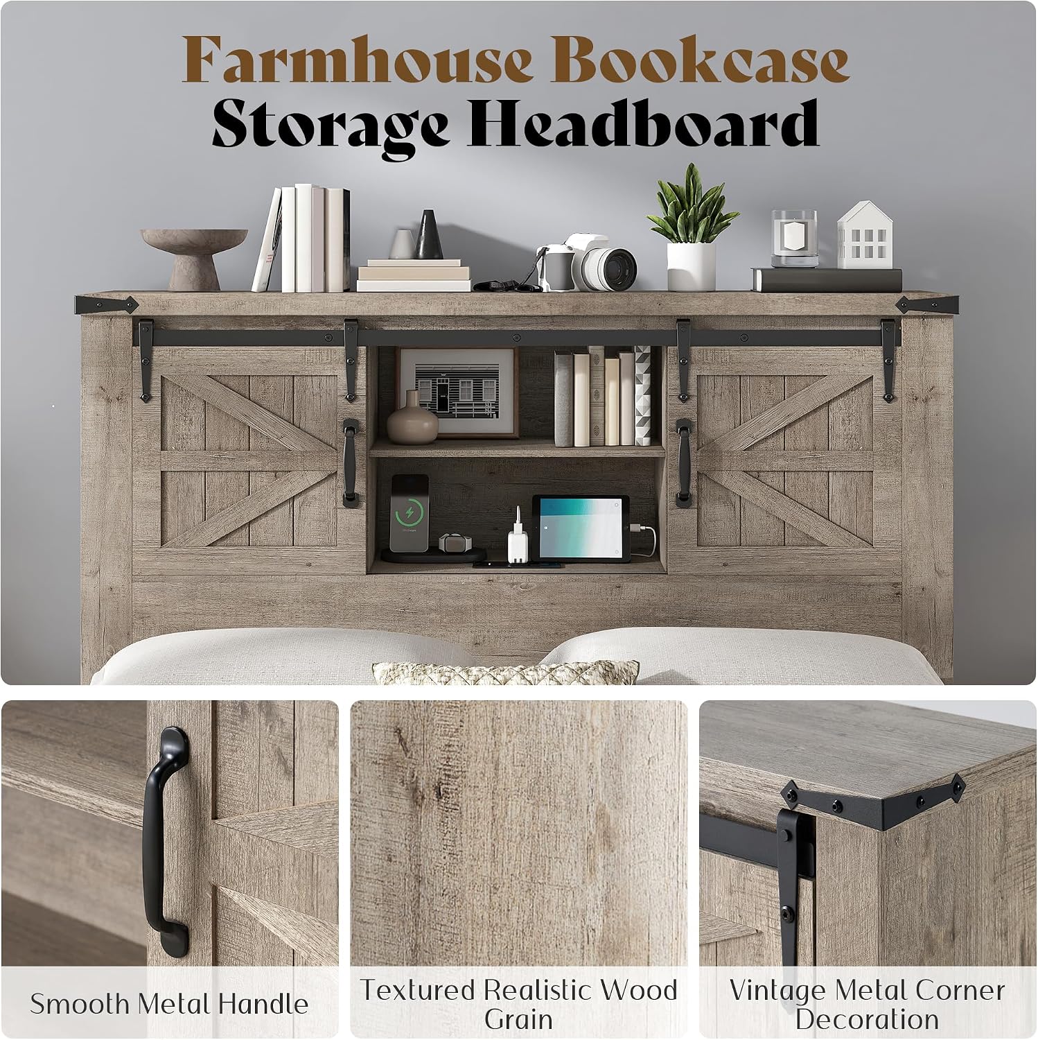 AMERLIFE Farmhouse Queen Bed Frame with Storage Headboard & Charging Station, Rustic Wood Platform Bed with Barn Door Bookcase, No Box Spring Needed, Light Grey Bedroom Furniture