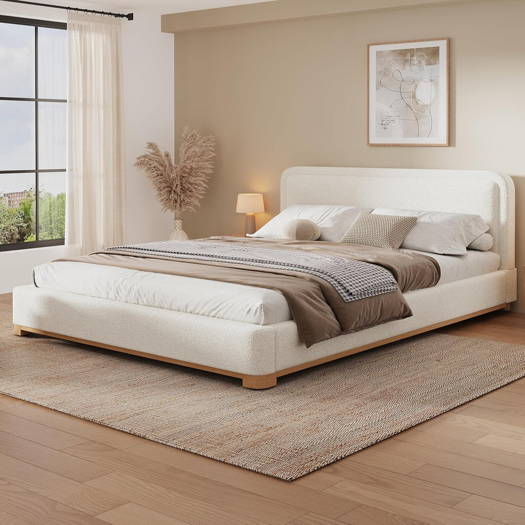 Christopher Knight Home Robey Queen Size Platform Bed Frame, Boucle Fabric Queen Size Bed Frame and Headboard, Modern Queen Bed Set, Wooden Slat Support, No Box Spring Needed, Easy Assembly, White