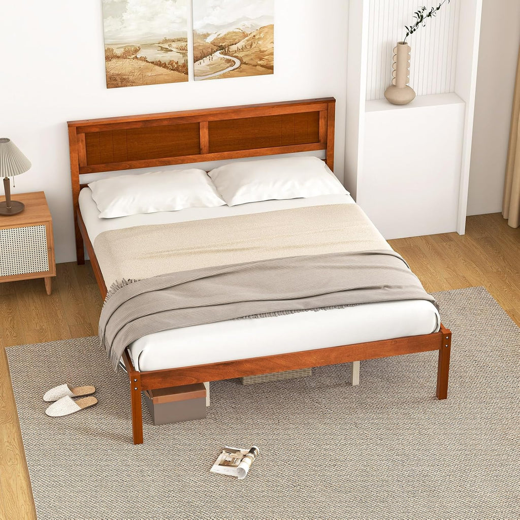 Giantex Queen Wood Platform Bed Frame with Headboard, Mid Century Queen Bed Frame with Wood Slat Support, Solid Wood Foundation with 16' Under Bed Storage, No Box Spring Needed, Easy Assembly