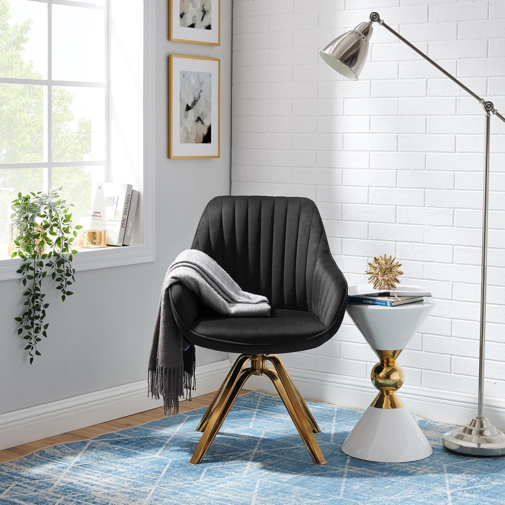 Volans Modern Desk Chair No Wheels, Upholstered Swivel Accent Chairs with Gold Plated Legs, Velvet Office Chair for Home Office Bedroom, Black