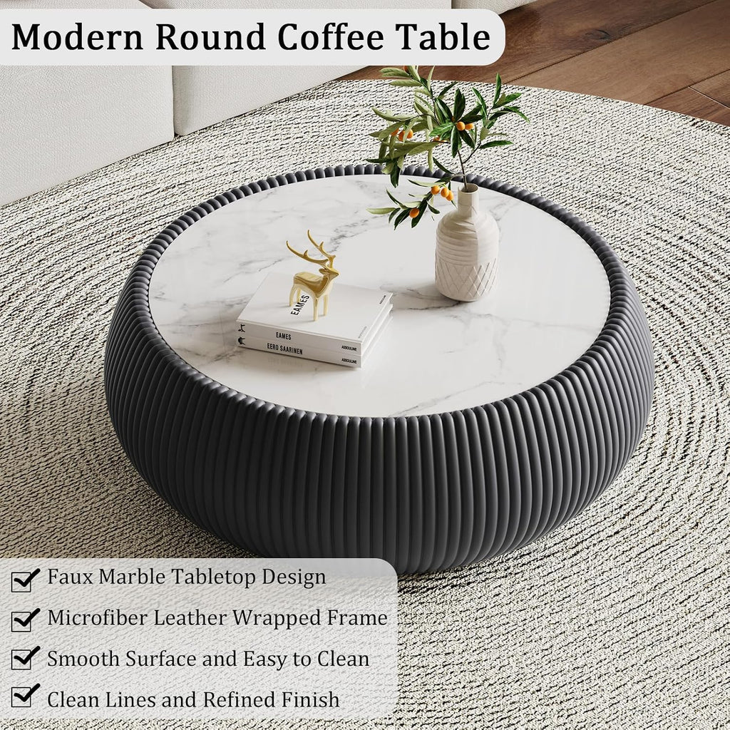 27.55' Grey Round Coffee Table, Drum Coffee Table with Sintered Stone Tabletop and Fluted PU Leather Covered and Stable Base, Circle Cocktail Tea Table for Living Room