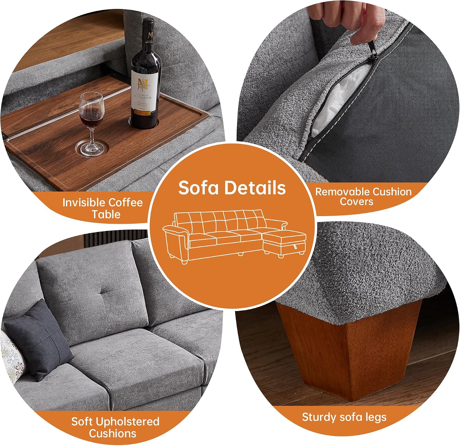 4-Seat Sectional Couches for Living Room, Bedroom, Office with Storage, L Shape Convertible Sectional Sofa Couch with Ottoman and Cup Holders, Light Grey