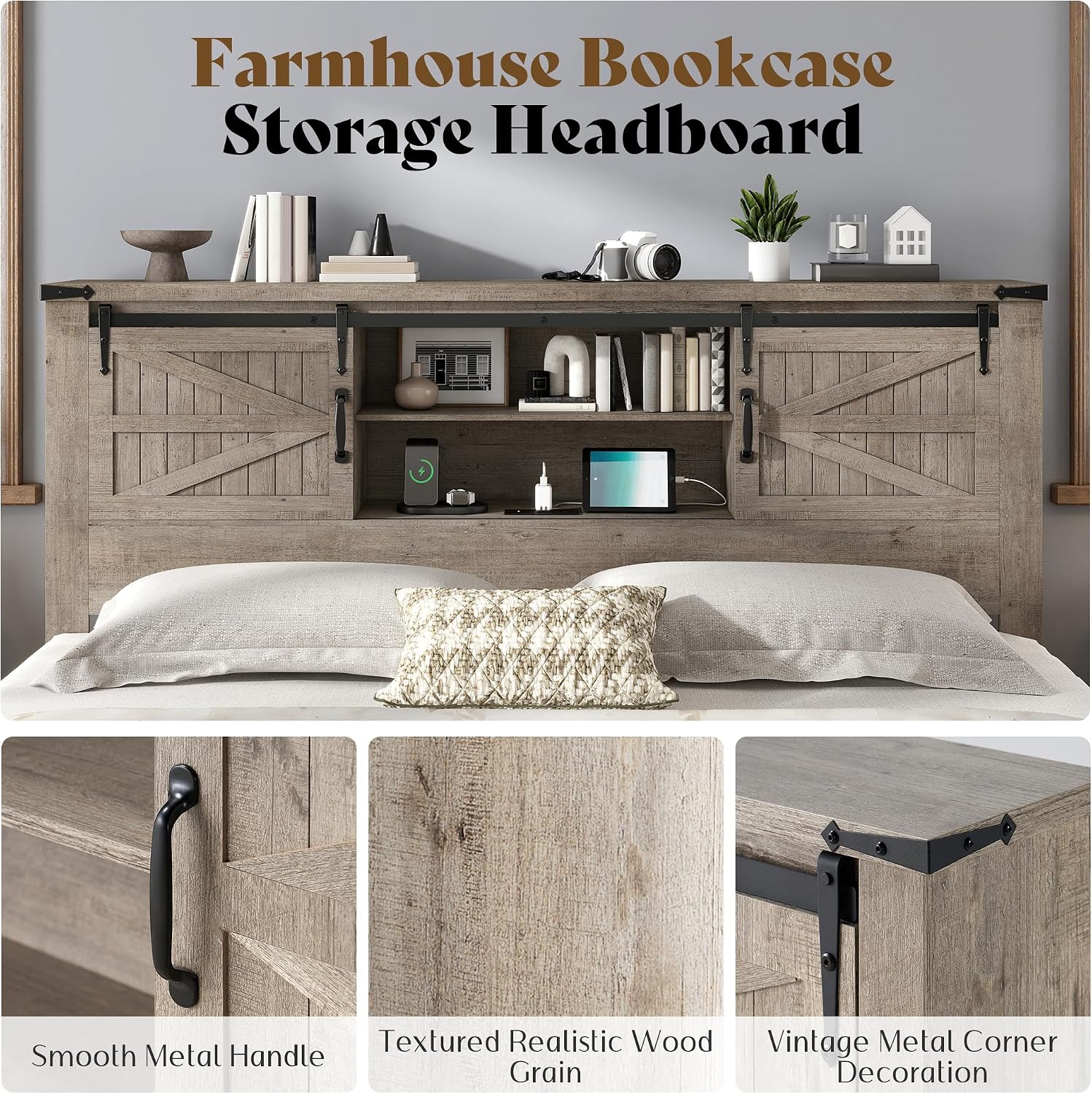 AMERLIFE Farmhouse King Bed Frame, Rustic Wood Platform Bed w/Barn Door Storage Bookcase Headboard & Charging Station, Bedroom Furniture, No Box Spring Needed, Light Grey