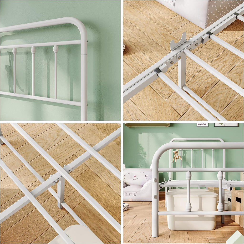 Vintage Twin Size Bed Frame with Headboard and Footboard Mattress Heavy Duty Metal Platform Bed Frame Steel Slat Support (Twin, White)