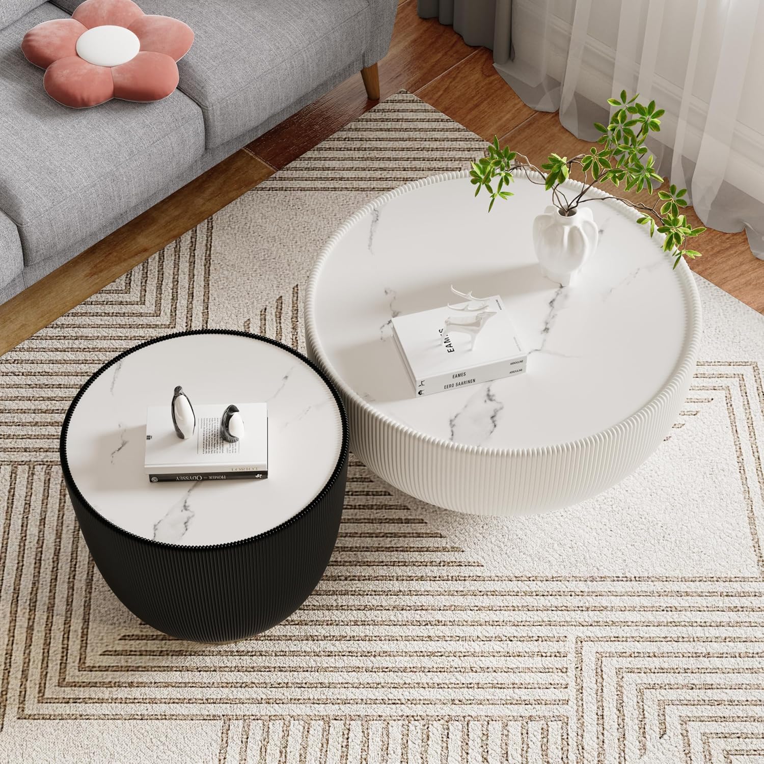 Round Living Room Table Set, 27.56' White Drum Center Table and 19.69' Black Center Table Set, 2 Pieces Coffee Table Set with Sintered Stone Tabletop, Fluted PU Leather Covered and Metal Base