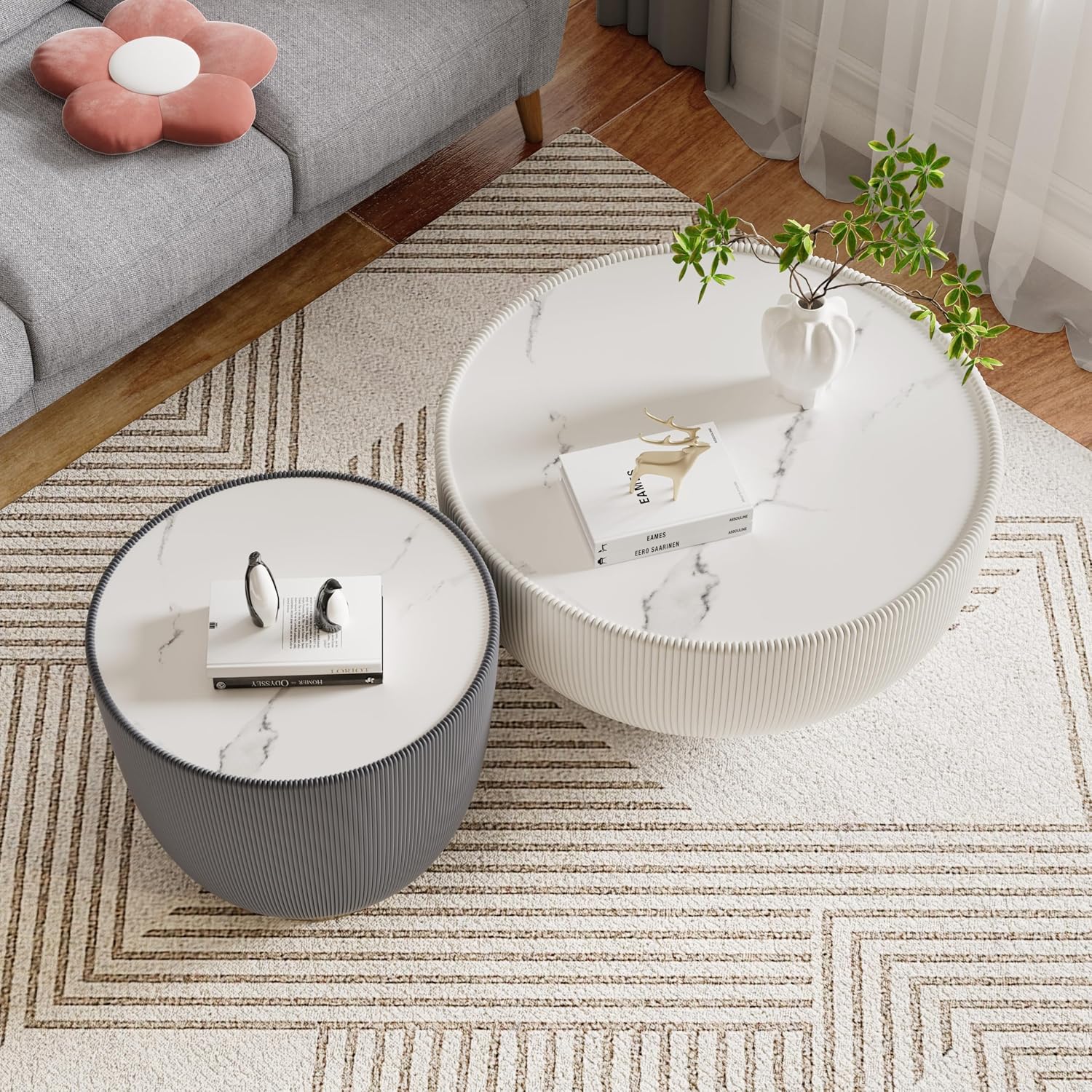 Round Living Room Table Set, 27.56' White Drum Center Table and 19.69' Grey Center Table Set, 2 Pieces Coffee Table Set with Sintered Stone Tabletop, Fluted PU Leather Covered and Metal Base