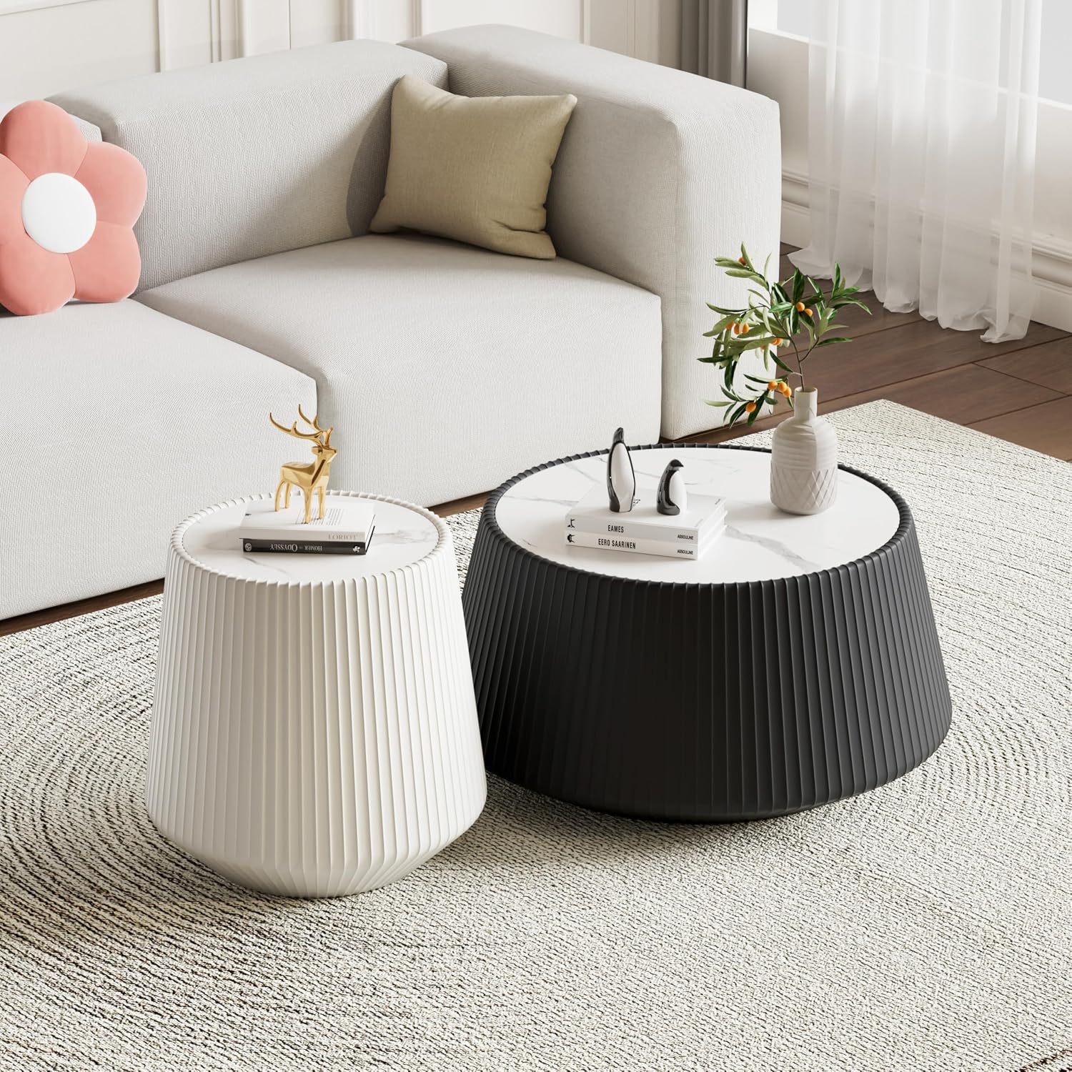 Round Living Room Table Set, 26.77' Black Drum Center Table and 19.68' White Coffee Table Set, 2 Pieces Coffee Table Set with Sintered Stone Tabletop, Fluted PU Leather Covered and Stable Base