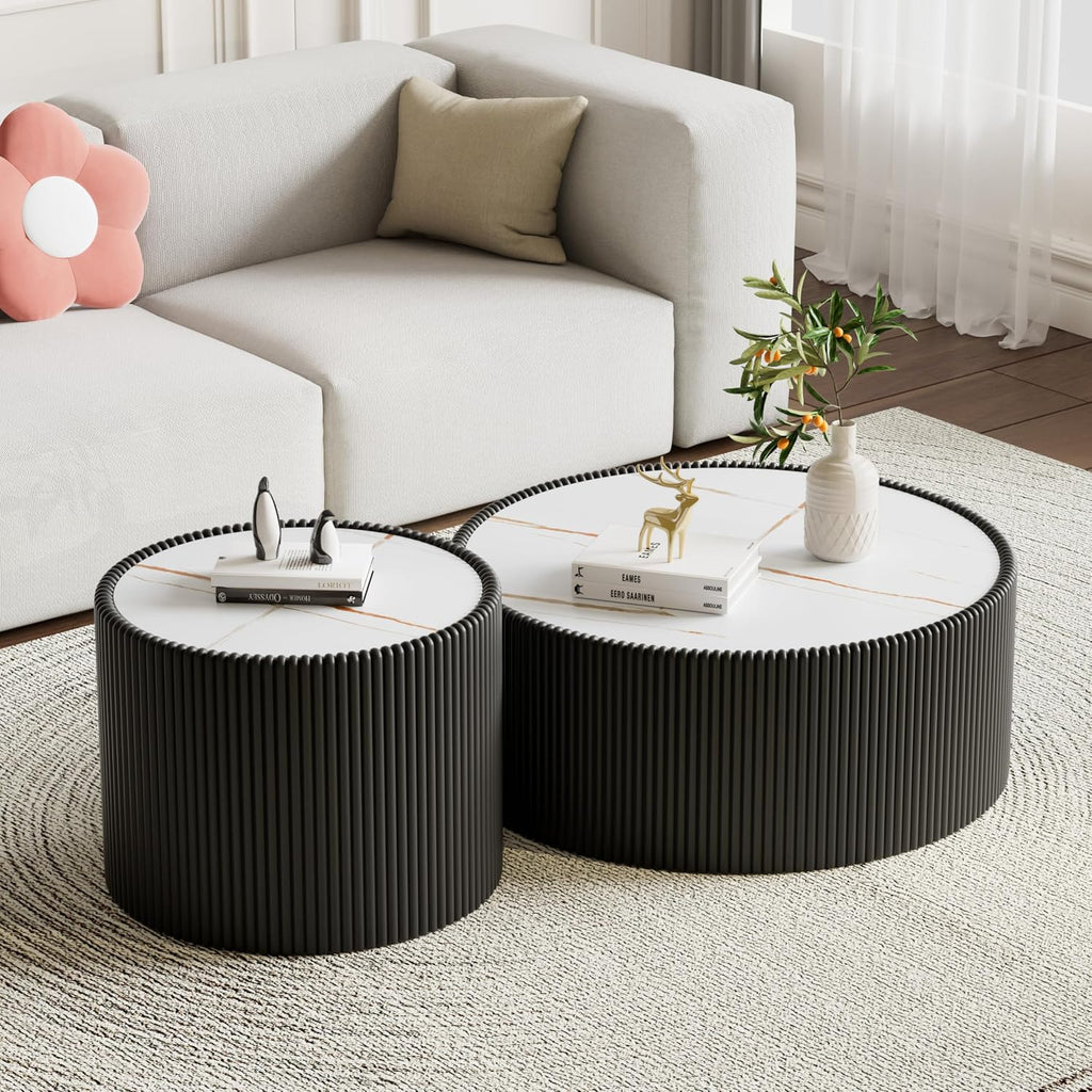 Round Living Room Table Set, 29.52' Black Drum Center Table and 17.71' Black Coffee Table Set, 2 Pieces Coffee Table Set with Sintered Stone Tabletop, Fluted PU Leather Covered and StableBase