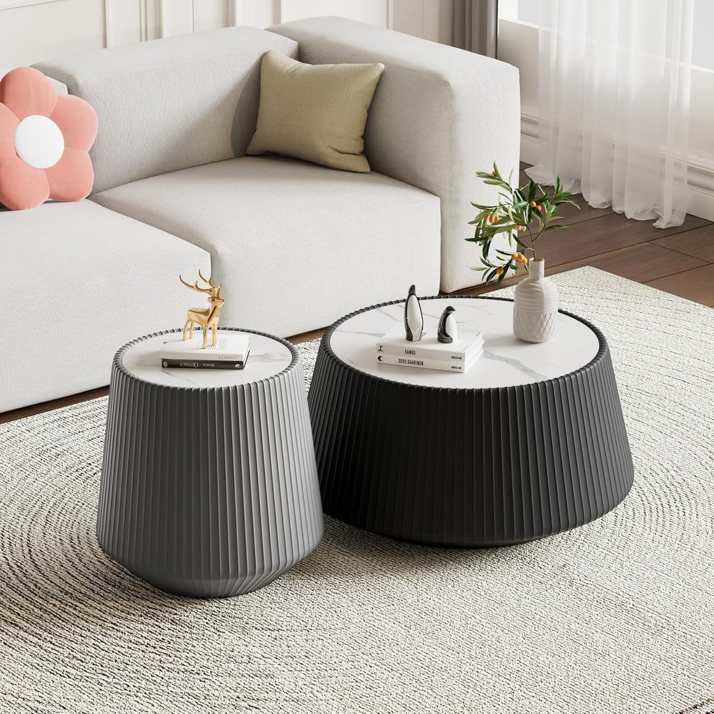 Round Living Room Table Set, 26.77' Black Drum Center Table and 19.68' Grey Coffee Table Set, 2 Pieces Coffee Table Set with Sintered Stone Tabletop, Fluted PU Leather Covered and Stable Base