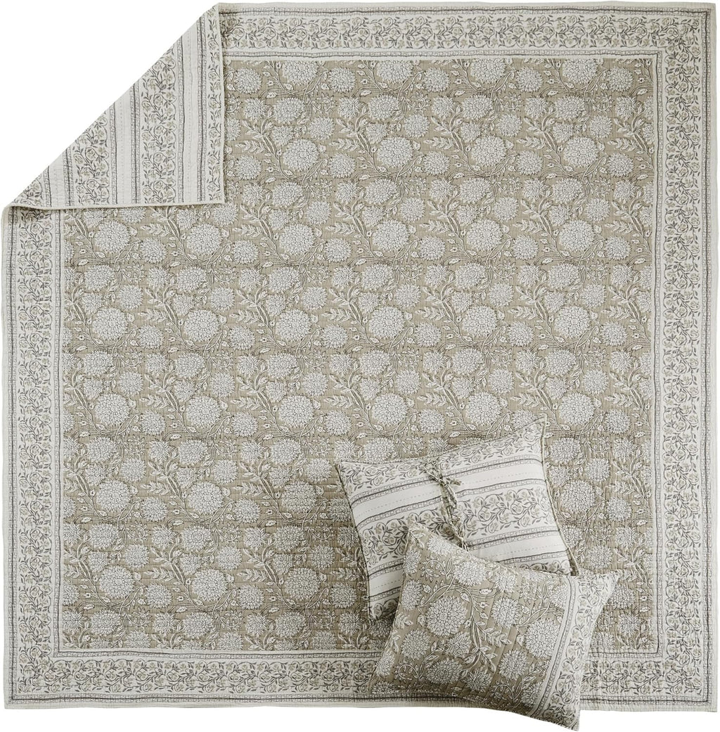 Levtex Home Adare Taupe Reversible Twin XL/Twin Quilt Set (68x86in) with 1 Pillow Sham (26x20in) - Floral Bedding - Taupe White - Cotton Twin Size Quilt Bedding Set - Lightweight, Soft, Pre-Washed