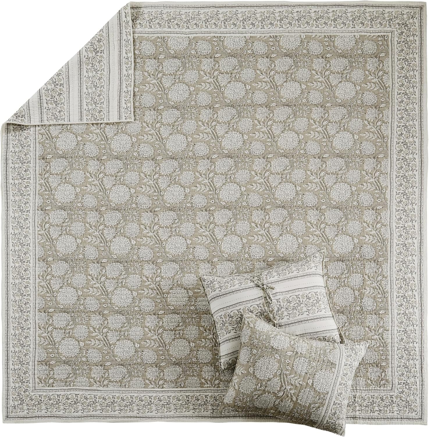 Levtex Home Adare Taupe Reversible Twin XL/Twin Quilt Set (68x86in) with 1 Pillow Sham (26x20in) - Floral Bedding - Taupe White - Cotton Twin Size Quilt Bedding Set - Lightweight, Soft, Pre-Washed
