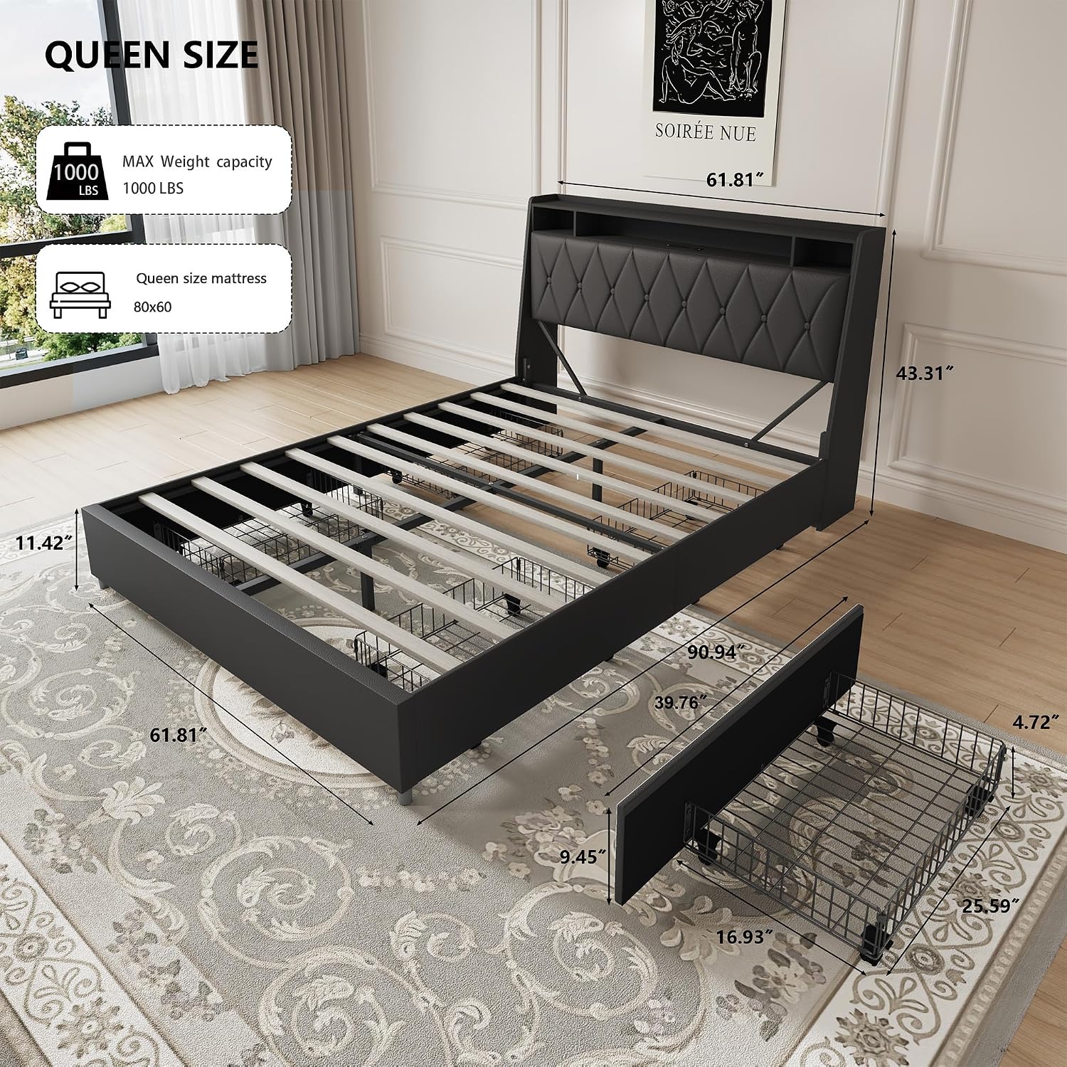 Black Queen Bed Frame with Headboard, Metal Platform Bed Queen Size with 2-Tier Bookshelf Storage, and 4 Storage Drawers & Charging Station Type C, LED Light, No Box Spring Needed (Black+LED, Queen)