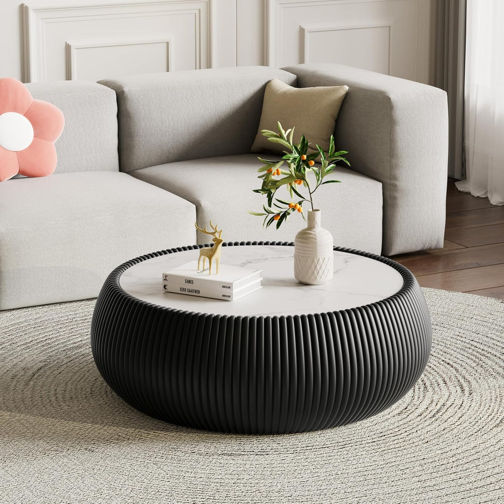 Black Round Coffee Table, 27.55' Drum Coffee Table with Sintered Stone Tabletop and Fluted PU Leather Covered and Stable Base, Circle Cocktail Tea Table for Living Room