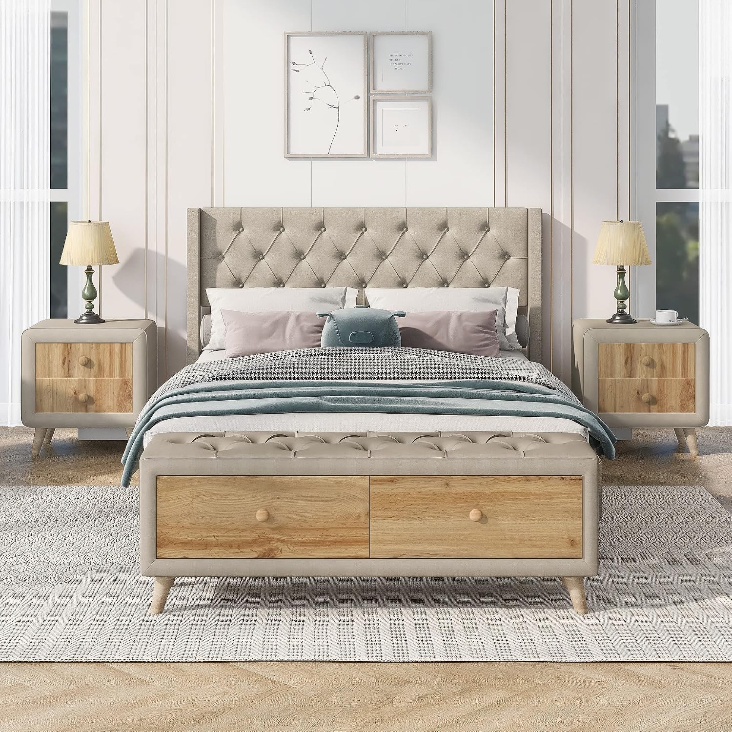 SOFTSEA Upholstered Bedroom Furniture Set Home Furniture for 4 Include Modern Full Size Platform Bed Frame, 2 Modern Nightstands and 1 End of Bed Storage Bench