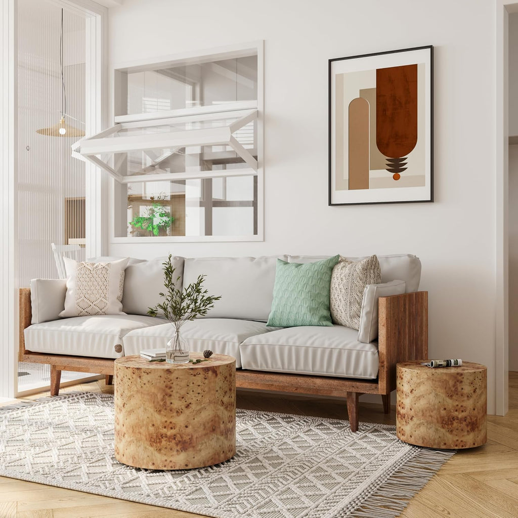 Nesting Coffee Table Set of 2, Modern Round Coffee Table Drum Side Table, Wooden Circle Accent Tables End Tables for Small Spaces Living Room Bedroom Office, Natural Burl