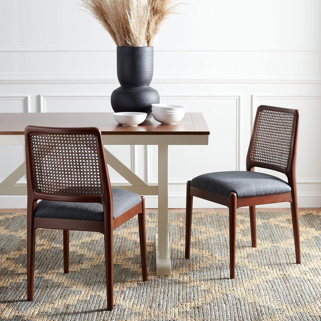 SAFAVIEH Home Collection Reinhardt Rattan Cushion Dining Chair (Set of 2) -Fully Assembled DCH8800D-SET2, Brown/Grey