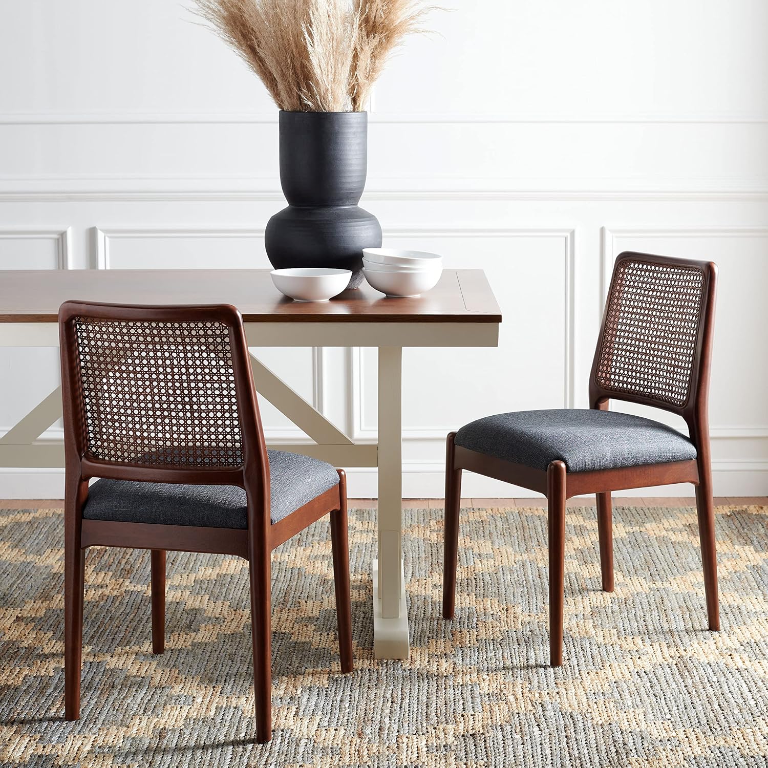 SAFAVIEH Home Collection Reinhardt Rattan Cushion Dining Chair (Set of 2) -Fully Assembled DCH8800D-SET2, Brown/Grey