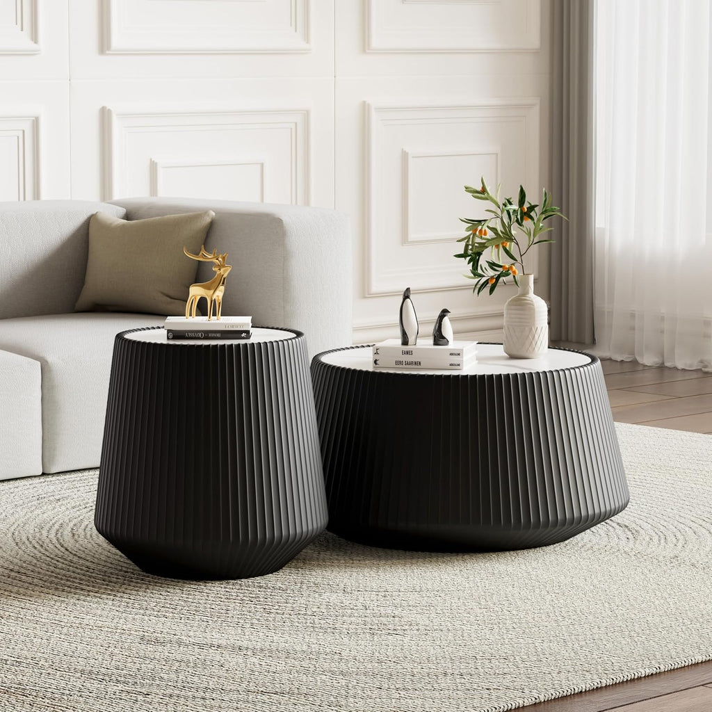 Round Living Room Table Set, 26.77' Black Drum Center Table and 19.68' Black Coffee Table Set, 2 Pieces Coffee Table Set with Sintered Stone Tabletop, Fluted PU Leather Covered and Stable Base