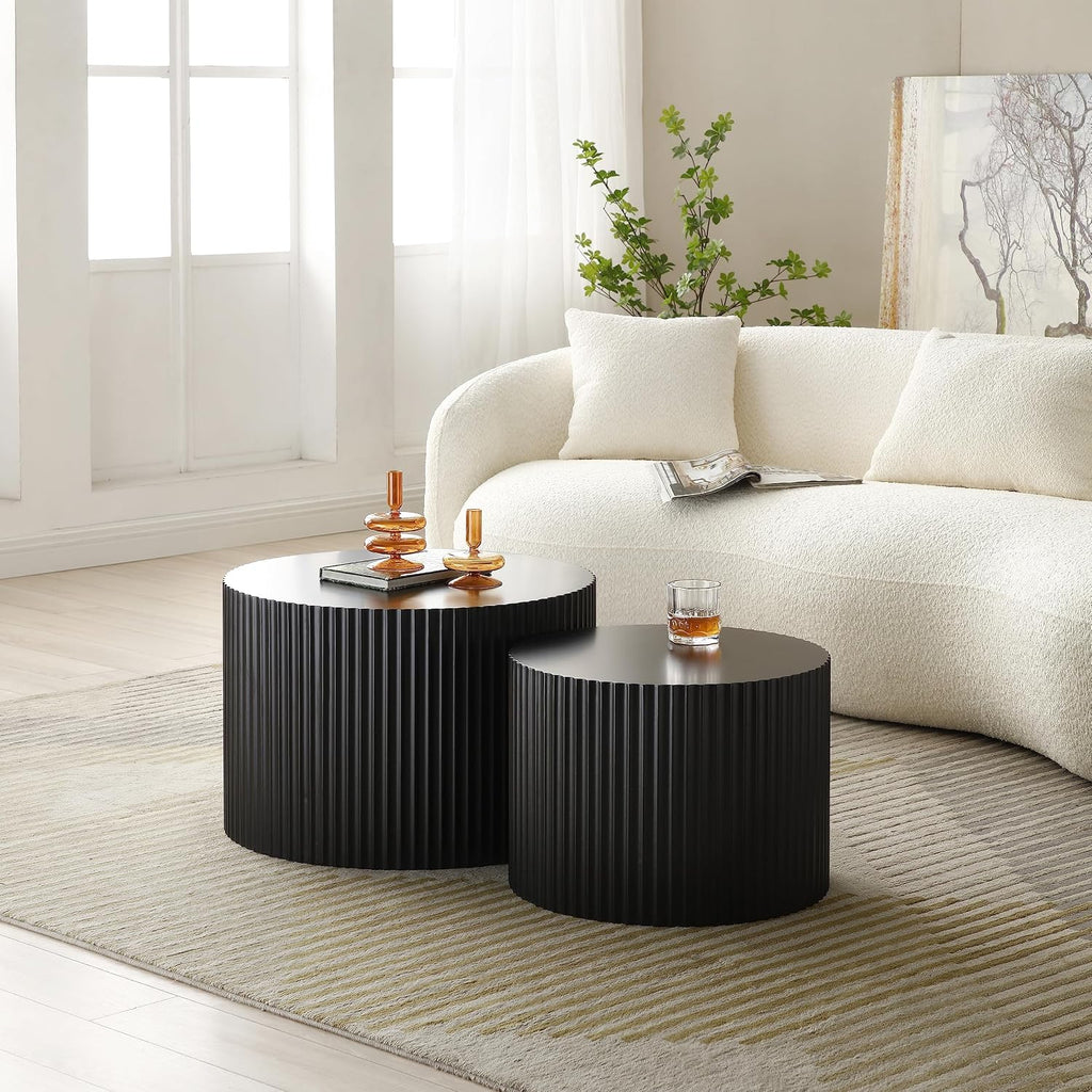 Modern Nesting Coffee Table, Round Wood End Table Set of 2 for Small Space, Living Room - Black