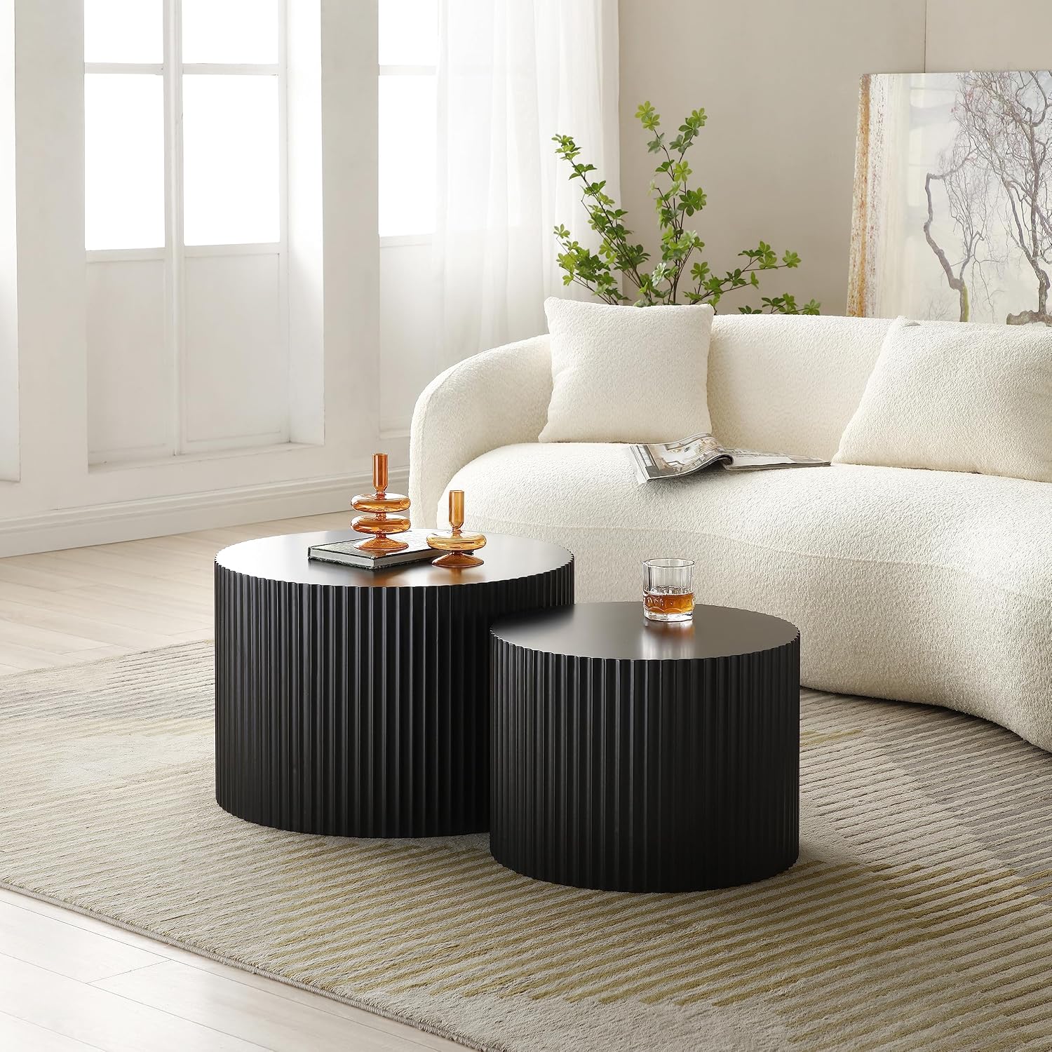 Modern Nesting Coffee Table, Round Wood End Table Set of 2 for Small Space, Living Room - Black