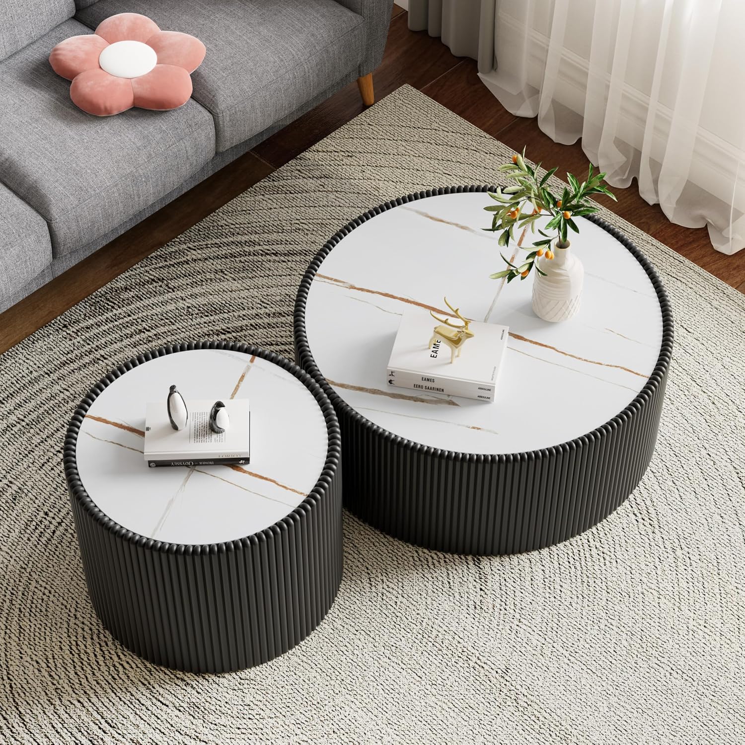 Round Living Room Table Set, 29.52' Black Drum Center Table and 17.71' Black Coffee Table Set, 2 Pieces Coffee Table Set with Sintered Stone Tabletop, Fluted PU Leather Covered and StableBase