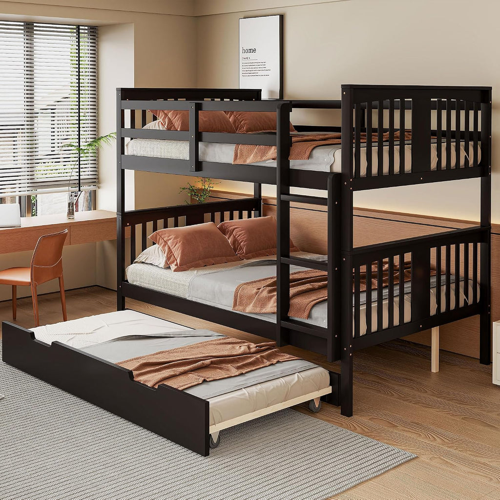 Harper & Bright Designs Full Over Full Bunk Bed with Trundle, Solid Wood Bunk Bed Frame with Ladders, Bedroom Furniture, Espresso
