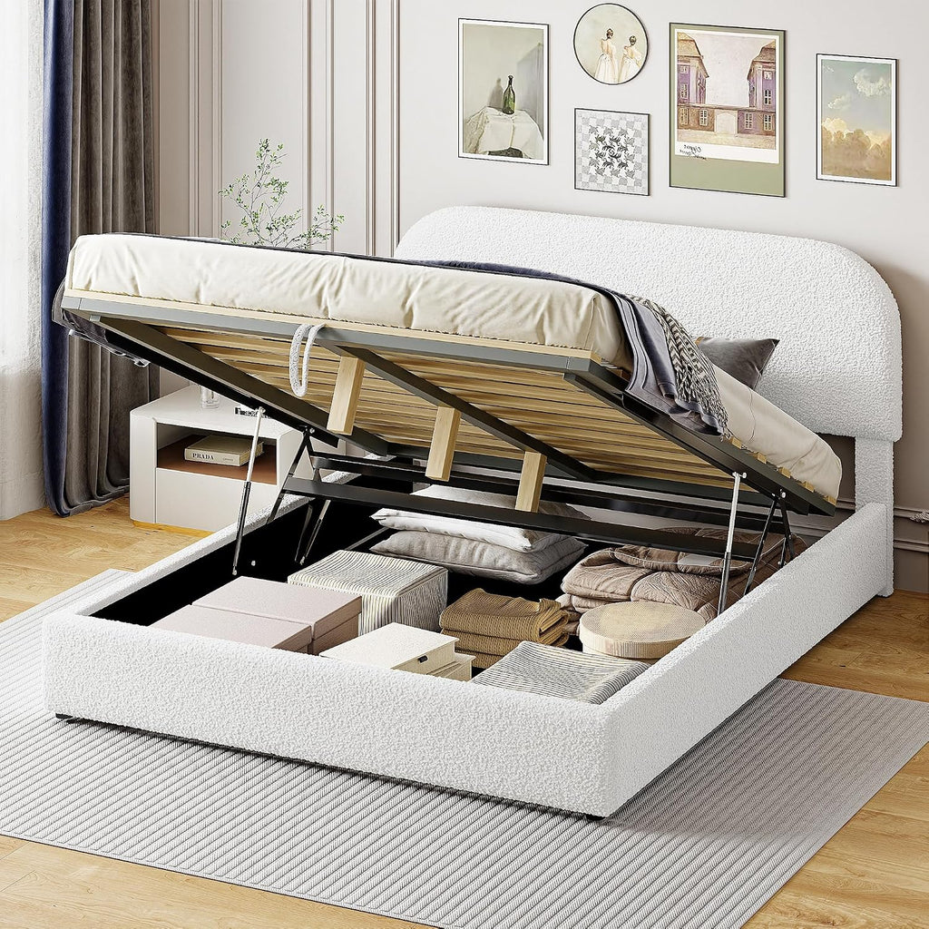 Upholstered Platform Bed with Hydraulic Storage System and Curved Shaped Headboard, Queen Size Wood Bed Frame for Kids Adults Bedroom Furniture, Teddy Fleece Thick Upholstered Bed Grounded Bed