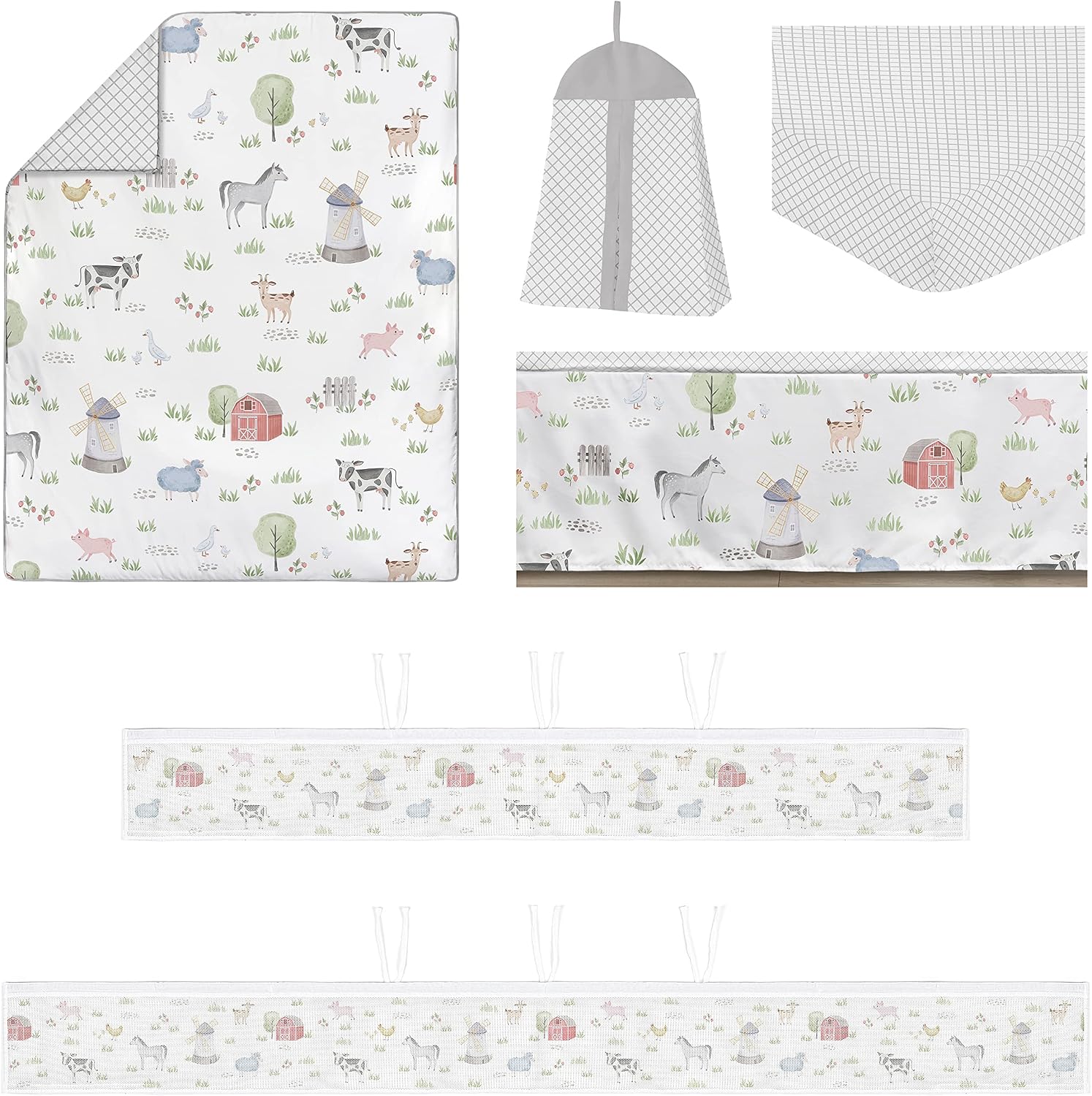 Sweet Jojo Designs Farm Animals Boy or Girl Baby Crib Bedding Set Infant Nursery BreathableBaby Breathable Mesh Crib Liner Blanket Sheet Skirt 6 PC Gender Neutral Farmhouse Barn Horse Cow Sheep Pig