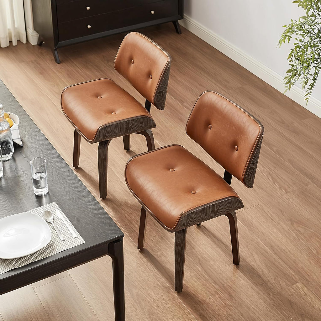Zouron Swivel Dining Chair, Mid Century Modern Swivel Chair No Wheels, PU Leather Accent Chair with Black Oak Bentwood, Upholstered Kitchen Dining Room Chairs, Thickened Cushion, Button Brown