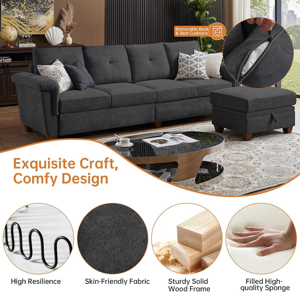 108' Sectional Sofa, Convertible L Shaped Sofa with Ottoman and Large Storage, 4 Seat Sectional Couch with Cup Holder, Couches for Living Room, Apartment, Office (Dark Grey)