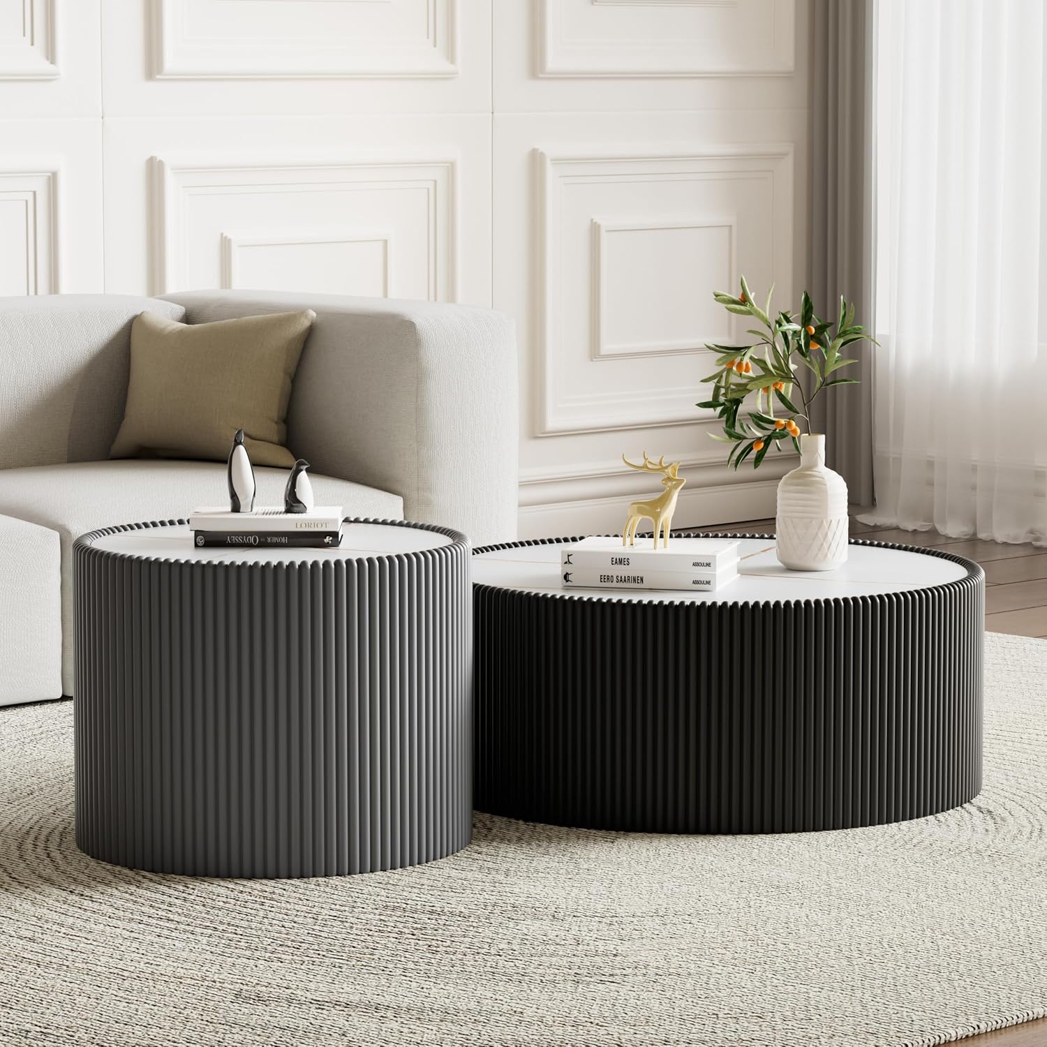 Round Living Room Table Set, 29.52' Black Drum Center Table and 17.71' Grey Coffee Table Set, 2 Pieces Coffee Table Set with Sintered Stone Tabletop, Fluted PU Leather Covered and StableBase