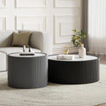 Round Coffee Table Set, 29.52' Black Drum Center Table and 17.71' Grey Coffee Table Set, 2 Pieces Living Room Table Set with Sintered Stone Tabletop, Fluted PU Leather Covered and Stable Base