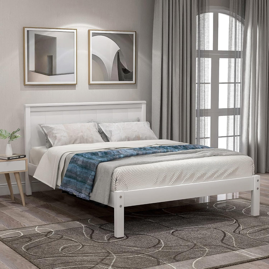 12 Inch Deluxe Twin Size Bed Frame with Headboard, Mid Century Retro Style White Wood Platform Beds Frames, No Box Spring Needed, 13 Strong Wooden Slat Support, Easy Assembly (White, Twin)