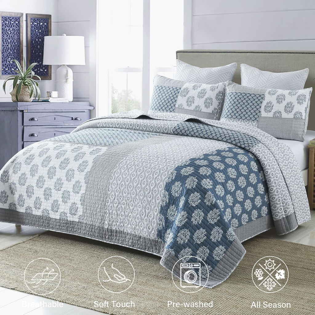 Finlonte Quilts Queen Size, 100% Cotton Queen Comforter Set, Blue Grey Farmhouse Quilted Bedspread, Patchwork Lightweight Reversible Quilt Bedding Set for Queen Bed, 3-Pieces