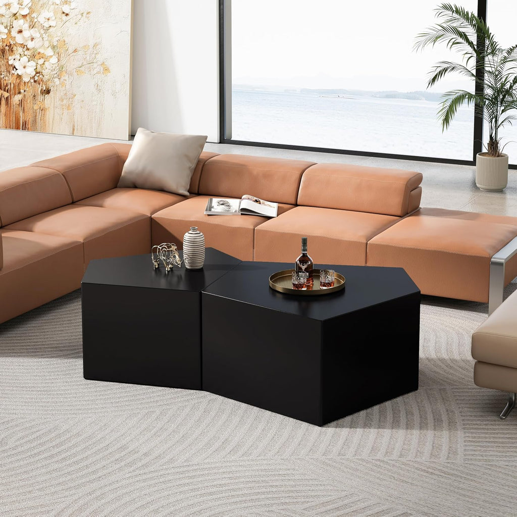 Irregular Nesting Coffee Table Set of 2, Modern Pentagon Side Table Set, 2 Piece Nesting End Table Accent Tables Coffee Table for Living Room Bedroom Apartment - Black