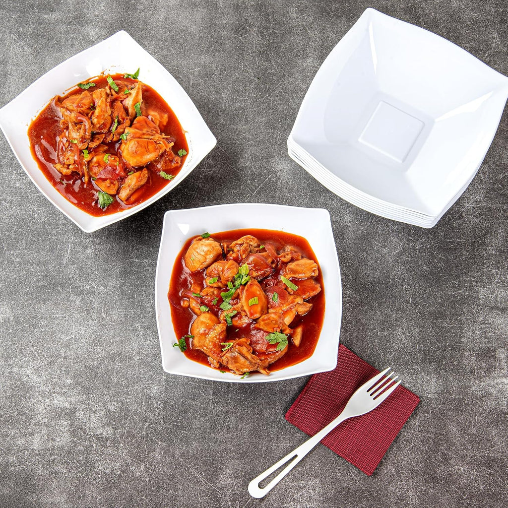 Restaurantware Moderna 32 Ounce Fancy Plastic Bowls 100 Square Disposable Salad Bowls - Durable Heavy-duty White Plastic Bowls For Warm And Cold Foods