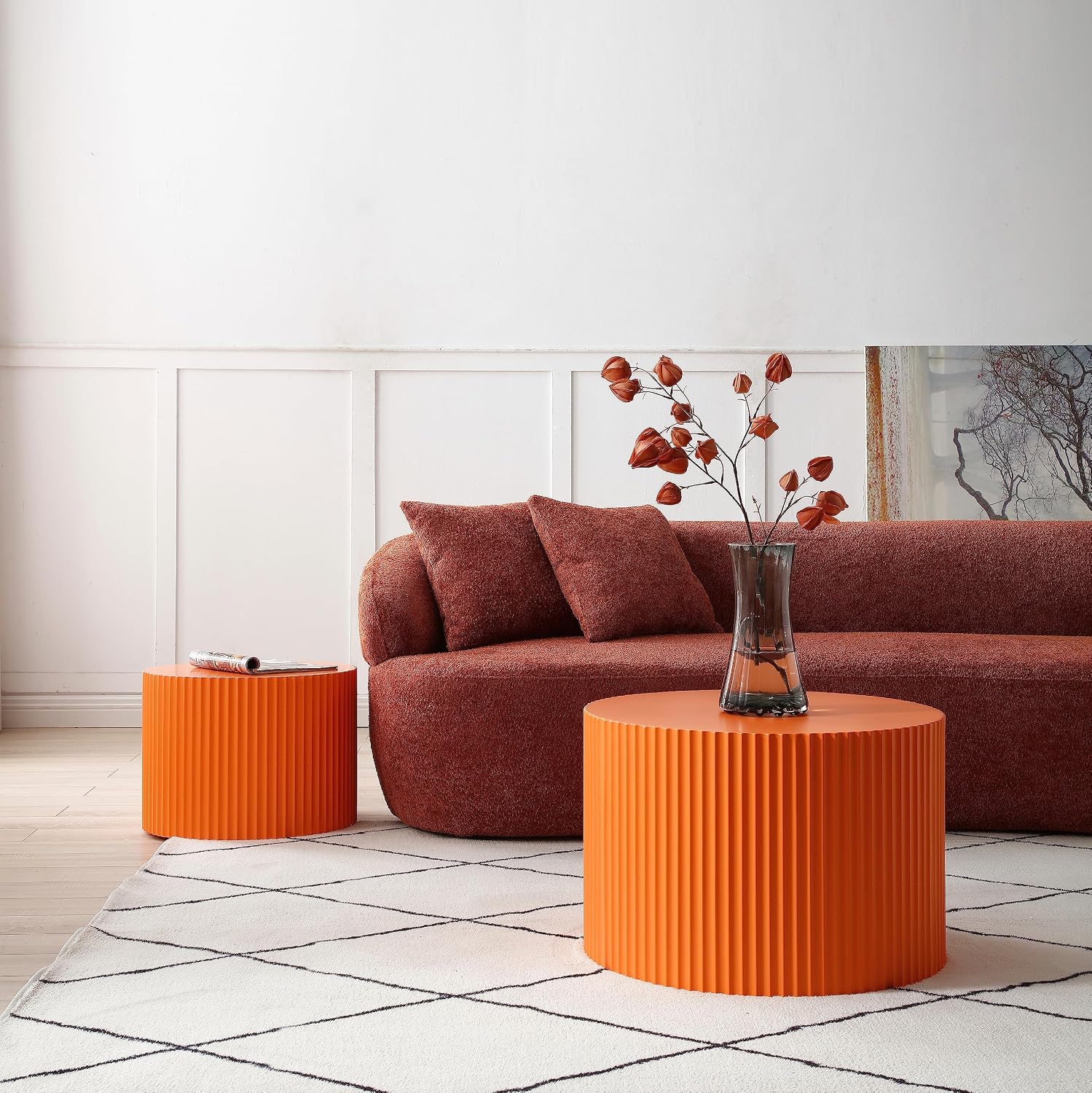 Modern Nesting Coffee Table, Round Wood End Table Set of 2 for Small Space, Living Room - Orange