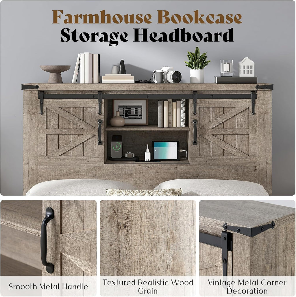 AMERLIFE Farmhouse Full Bed Frame with Storage Headboard & Charging Station, Rustic Wood Platform Bed with Barn Door Bookcase, No Box Spring Needed, Light Grey Bedroom Furniture