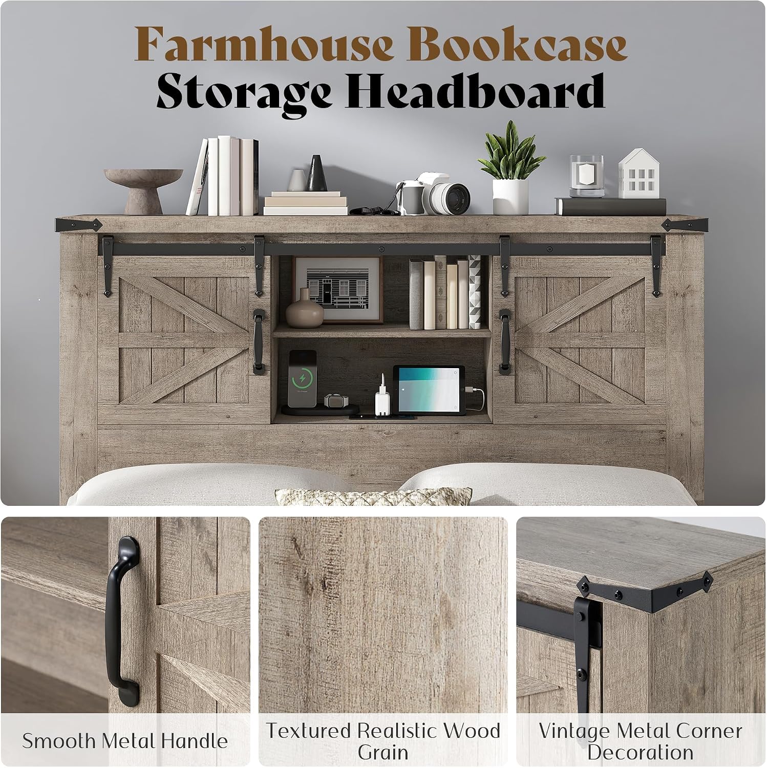 AMERLIFE Farmhouse Full Bed Frame with Storage Headboard & Charging Station, Rustic Wood Platform Bed with Barn Door Bookcase, No Box Spring Needed, Light Grey Bedroom Furniture