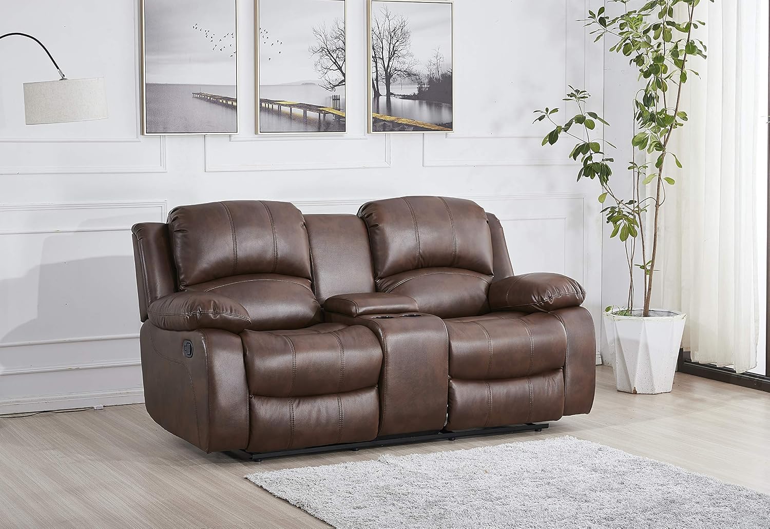 Betsy Furniture Faux Leather Reclining Loveseat with cupholder Console and Storage Space 8018 Multiple Colors (Brown, Loveseat)
