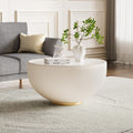 27.55' White Round Coffee Table, Drum Coffee Table with Sintered Stone Tabletop and Fluted PU Leather Covered and Metal Base, Circle Cocktail Tea Table for Living Room