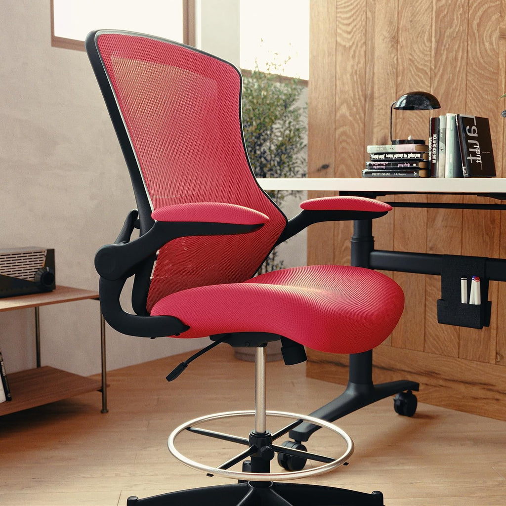 Flash Furniture Kelista Mid-Back Swivel Office Chair with Adjustable Seat Height, Ergonomic Mesh Desk Chair with Flip-Up Armrests, Red
