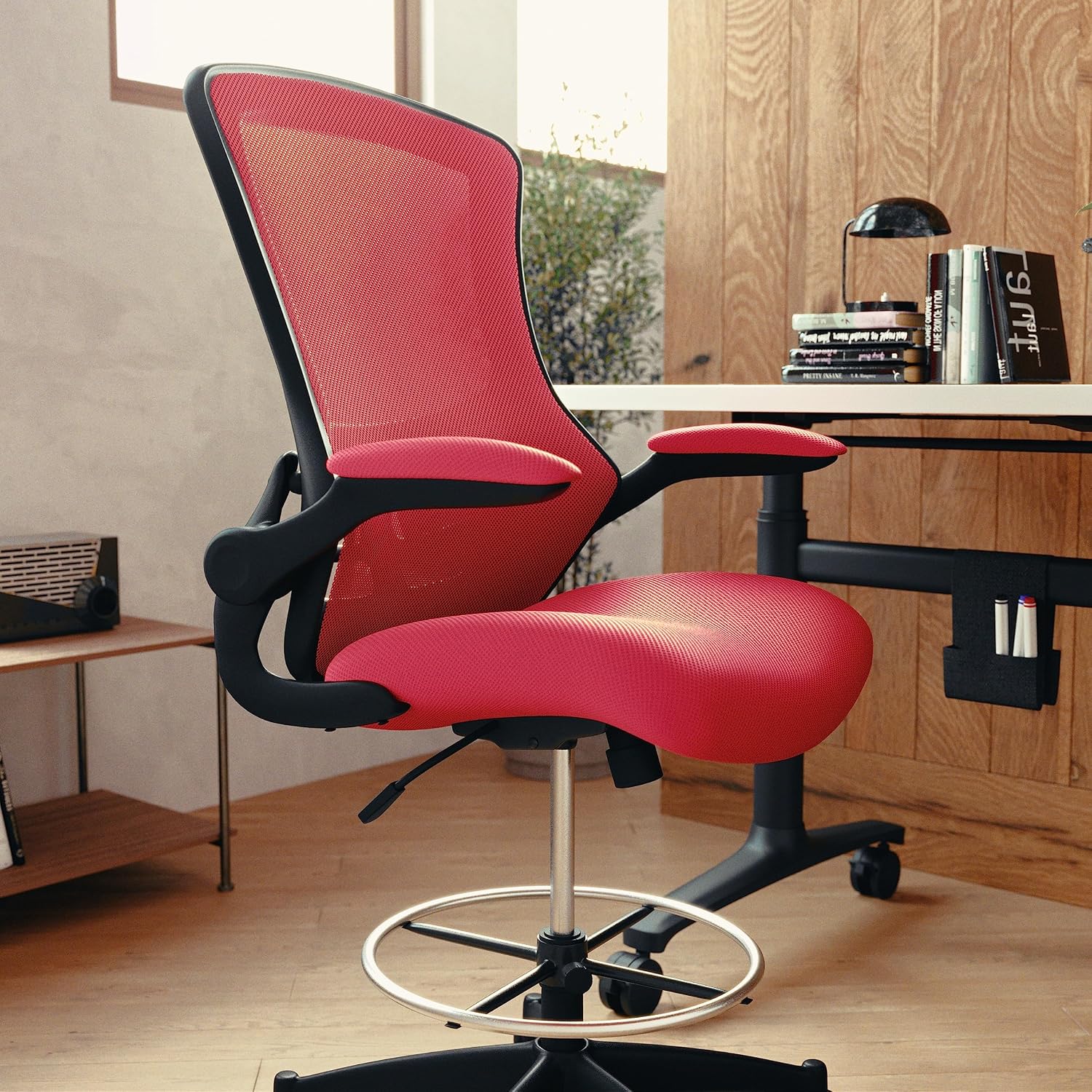 Flash Furniture Kelista Mid-Back Swivel Office Chair with Adjustable Seat Height, Ergonomic Mesh Desk Chair with Flip-Up Armrests, Red