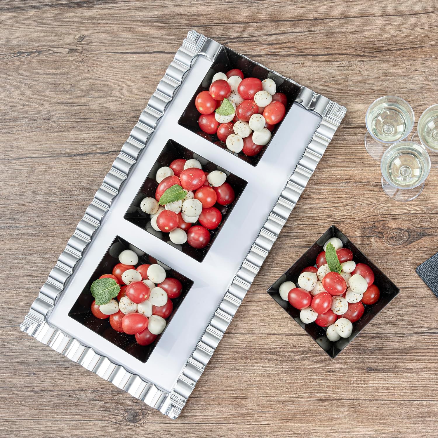 Restaurantware 10 Ounce Square Bowls 100 Disposable Serving Bowls - Heavy-Duty Premium Black Plastic Salad Bowls For Parties Catering Or Buffets Serve Desserts Chips Popcorn Or Candies
